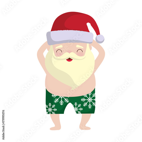 cartoon santa claus wearing swimsuit icon over white background