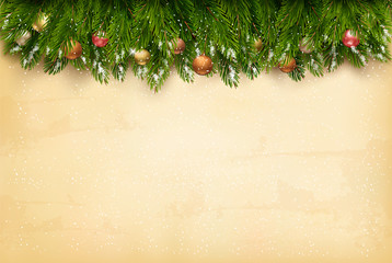 Christmas holiday decoration with branches of tree on old paper background. Vector.