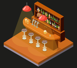 Isometric Pub Bar Restaurant Cafe Symbol Alcohol Beer House Interior 3d Icon Background Concept Flat Design Template Vector Illustration