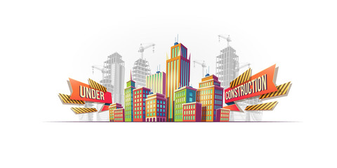 Wall Mural - Vector cartoon banner, urban background with modern big city buildings, skyscrapers, business centers on the background of construction in progress. Advertising for a real estate agency, website page