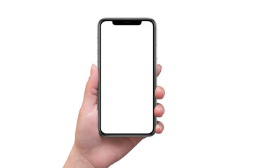 Poster - Modern smart phone with x curved screen in woman hand isolated. Blank screen for mockup.