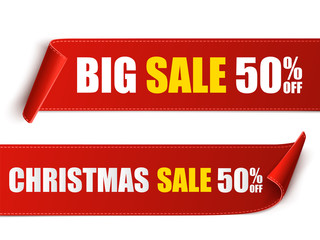 Sticker - Set of red Christmas banners. Paper scrolls. Vector Xmas sale stickers.