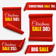 Wall Mural - set of red christmas banners. paper scrolls. vector xmas sale stickers.