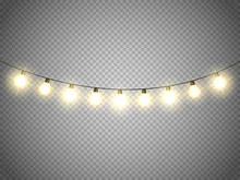 Christmas Lights Isolated On Transparent Background. Vector Xmas Glowing Garland.