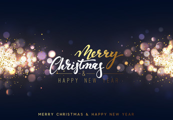 Wall Mural - christmas background with lights gold bokeh. xmas card. magic holiday card, poster, banner. night br