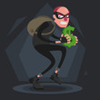 A balding thief with a backpack sneaks with a dollar sign in his hands
