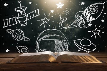 Wall Mural - open book on old wooden table.