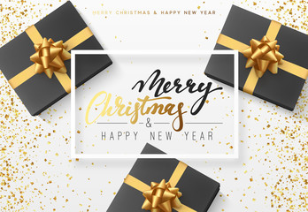 Christmas background with gifts box. Text Merry Christmas and Happy new year in a frame