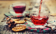 Christmas Hot Wine Or Tea Drink With Orange Mandarin Star Anise Cinnamon And Gingerbread