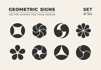 Set of eight minimalistic trendy shapes. Stylish vector logo emblems for Your design. Simple geometric signs collection.