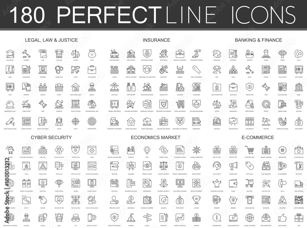180 modern thin line icons set of legal, law and justice, insurance ...