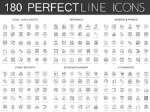 180 Modern Thin Line Icons Set Of Legal, Law And Justice, Insurance, Banking Finance, Cyber Security, Economics Market, E Commerce.