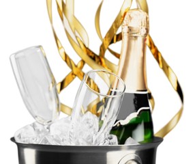 Sticker - Bottle of Champagne and Flutes in Ice Bucket