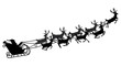 Santa flying in a sleigh with reindeer. Vector illustration. Isolated object. Black silhouette. Christmas.