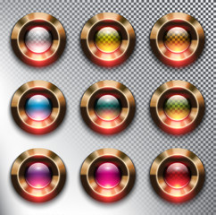 Wall Mural - abstract metallic web buttons set of 9. round glass web icons with bronze frame. isolated with reali