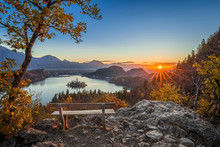 Bled, Slovenia - Beautiful Panoramic Skyline Autumn View With Hilltop Bench And Tree And Colorful Sunrise Of Lake Bled And Pilgrimage Church Of The Assumption Of Maria