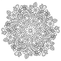 Vector flower mandala in black and white. Round pattern for coloring