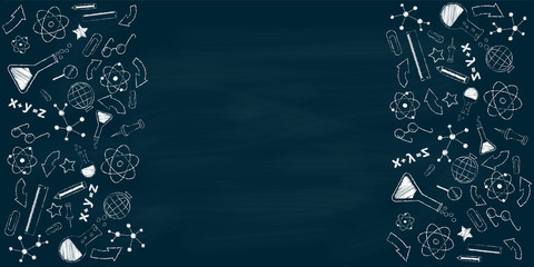 Blue Board with chalk drawings and empty place for text. Back to school background