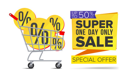 Sticker - Shopping Cart With Big Sale Banner Vector. Up To 50 Percent Off. Sale Banner Tag. Price Labels. Isolated Illustration