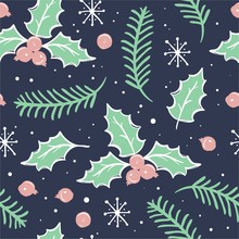 Hand Drawn Christmas Seamless Pattern With Holly Berries.