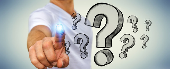 Fototapete - Businessman touching hand drawn question marks