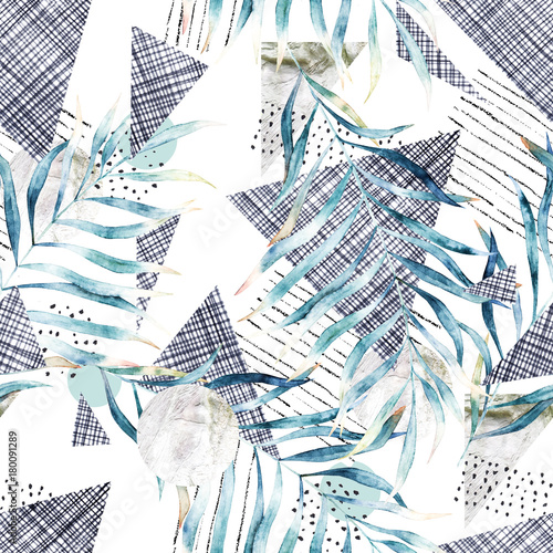 Obraz w ramie Abstract seamless pattern. Hand drawn watercolor illustration. Grunge background with leaves