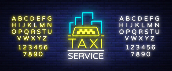 Wall Mural - Vector Neon Taxi logo isolated on a brick background. Silhouette badge glowing taxi. Design advertising night sign of the taxi brand. Editing text neon sign. Neon alphabet