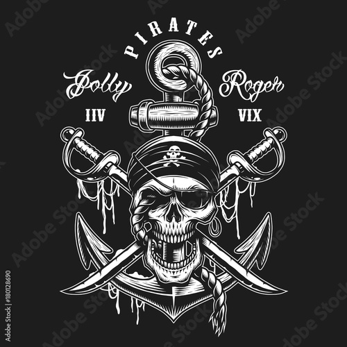 Pirate skull emblem with swords, anchor and rope. On dark background