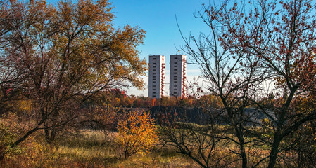 landscape background with two mine head frames . ukraine, kryvyi rih, iron-ore mine gvardeiskaya. an