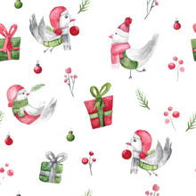 Watercolor Christmas Bird Pattern With Gifts And Branches. Rustic Fabric Design For Wrapping. Xmas Decoration