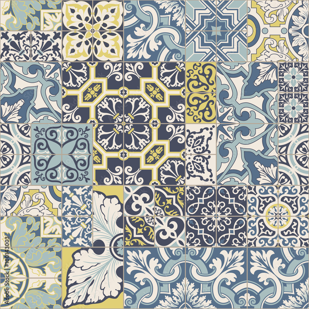 Azulejos tiles patchwork vector seamless pattern - obrazy, fototapety, plakaty 