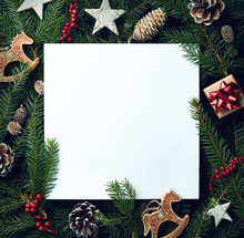 Frame Of Christmas Tree Branches And Decorations
