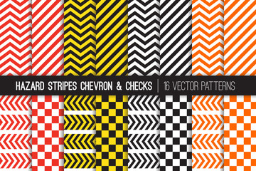 Wall Mural - Hazard Stripes, Chevron and Checkerboard Vector Patterns. Barricade Tapes. Caution Warning Sign Backdrops. Brightly Colored Attention Catching Backgrounds. Repeating Pattern Tile Swatches Included.