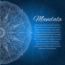 Card With Glow Mandala Vector Background. Blue Invitation Card. Geometric Circle Element. Islam, Arabic, Ottoman, Indian, Turkish, Chinese Motifs
