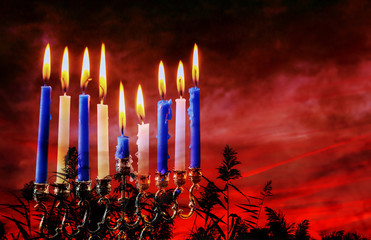 Canvas Print - Jewish holiday Hanukkah creative background with menorah. View from above focus on .