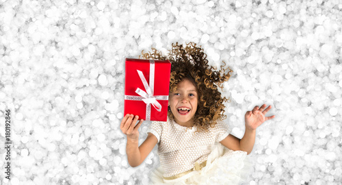 Red Gift Picture Of A Little White Caucasian Girl With Curly Hair