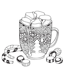 Christmas Mug With Hot Chocolate And Marshmallow. Christmas Decoration. Xmas Sweets. Adult Coloring Book Page. Hand-drawn Vector Illustration. Black And White Pattern For Coloring Book. Zentangle.
