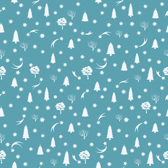 Wall Mural - Winter seamless pattern. Christmas tree and snowflakes on a blue background. Vector illustration