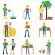 © Happypictures - Farmers characters set working at farm, gardening, harvesting and selling farm products