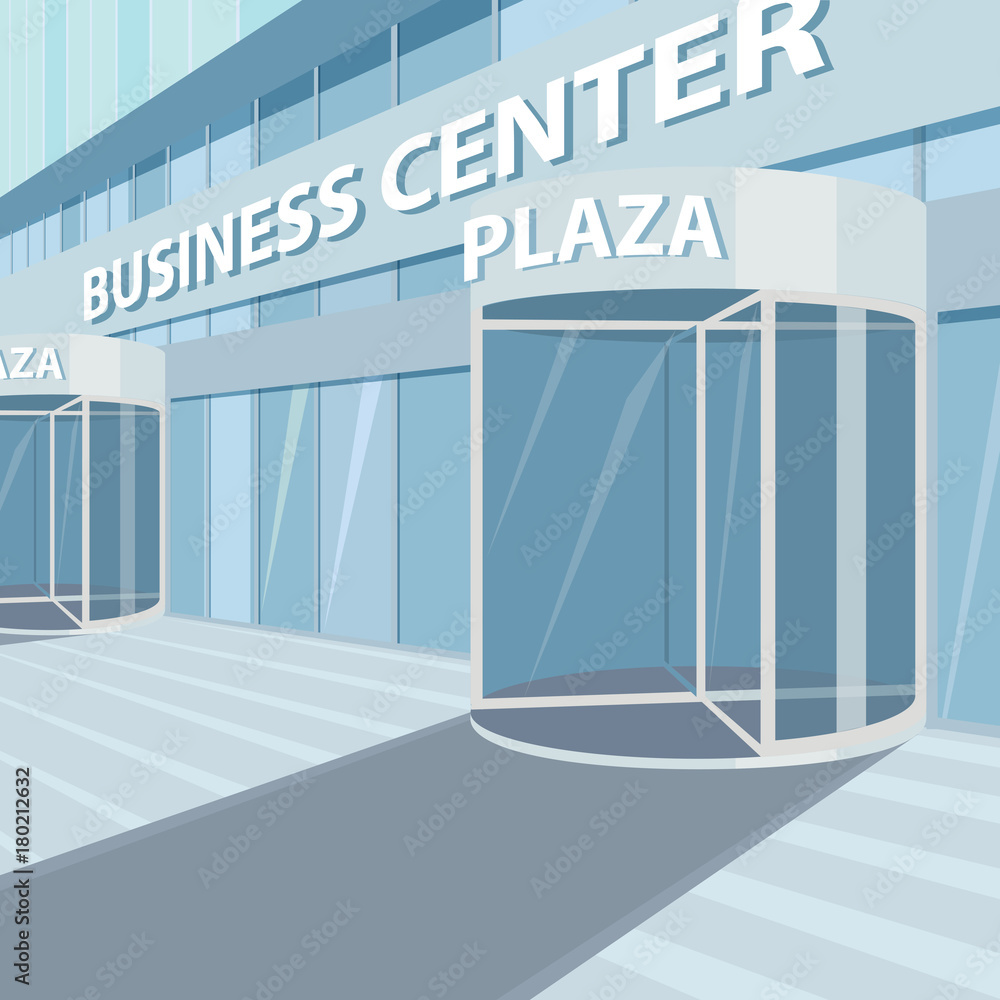 Exterior of facade of office business center, with glass wall and doors ...
