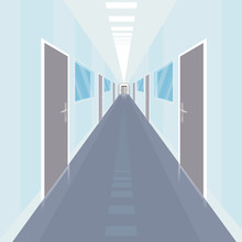 Interior Of Long And Narrow Corridor With A Lot Of Doors, In Modern Office. Front View. Simplistic Realistic Comic Art Style