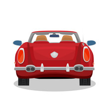 Isolated Red Car, Retro Cabriolet On White Background With Shadow. Rear Back View. Simplistic Realistic Comic Art Style