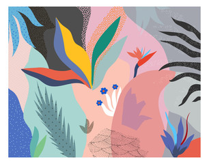 creative universal floral header in tropical style. modern graphic design. hand drawn textures. idea