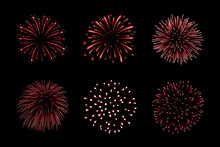 Beautiful Red Fireworks Set. Bright Fireworks Isolated Black Background. Light Red Decoration Fireworks For Christmas, New Year Celebration, Holiday Festival, Birthday Card Vector Illustration