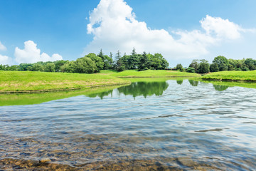 Clean lake water and green forest natural landscape under the blue sky