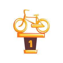 Cartoon Golden Trophy With Bicycle On Brown Base In Flat Design. Winner Award Of Cycling Race