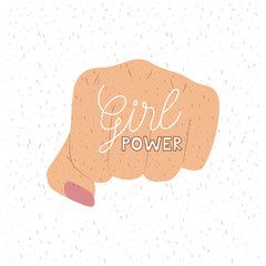 Sticker - girl power text poster with female fist in skin color on white background with sparkles