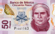 Jose Maria Morelos y Pavon portrait on Mexico 50 pesos (2015) banknote closeup macro, Mexican money close up.