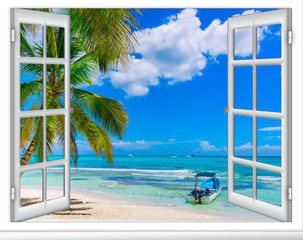 Canvas Print - open window to the sea Caribbean Dominican Republic