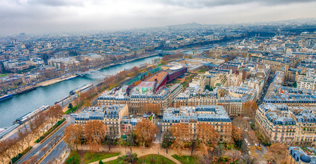 Fototapete - Paris aerial skyline with Seine river on a cloudy winter day, Fr